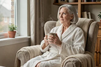 Senior femme âgée en robe de chambre buvant une tisane apaisante dans un fauteuil confortable pour favoriser un bon sommeil