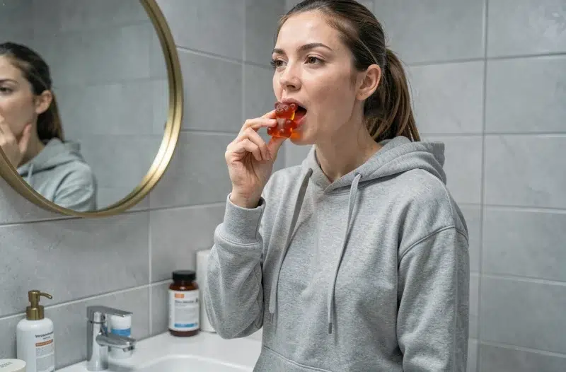Femme prenant un complément alimentaire gummy dans sa salle de bain lors de sa routine beauté quotidienne