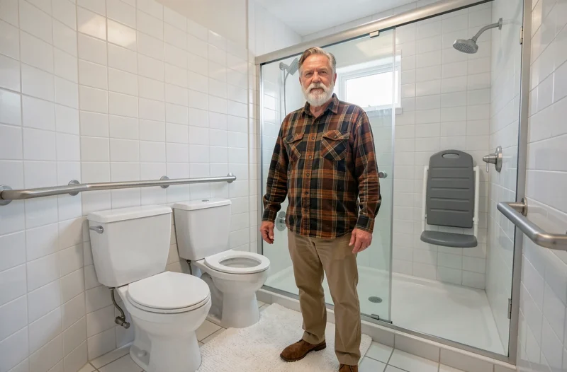 Salle de bain adaptée pour personnes âgées avec barres d'appui, siège de douche et tapis antidérapant pour réduire les risques de chute