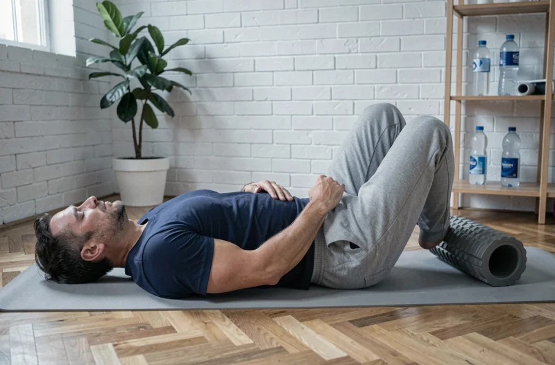 Homme allongé sur un tapis de yoga tenant son bas du dos droit, pratiquant des exercices de soulagement de la sciatique