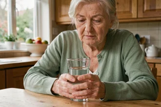 Senior femme âgée tenant un verre d'eau dans sa cuisine, illustrant l'importance de l'hydratation quotidienne chez les personnes âgées