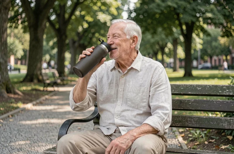 Homme âgé buvant de l'eau dans un parc en plein air, soulignant l'hydratation régulière et l'activité physique douce chez les seniors