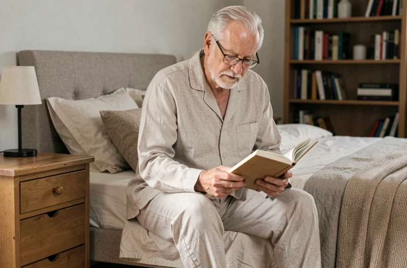 Homme senior lisant un livre avant de dormir dans une chambre rangée et apaisante pour améliorer la qualité du sommeil