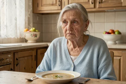Femme âgée assise devant une assiette de soupe non consommée, signe de perte d'appétit et de dénutrition chez les seniors