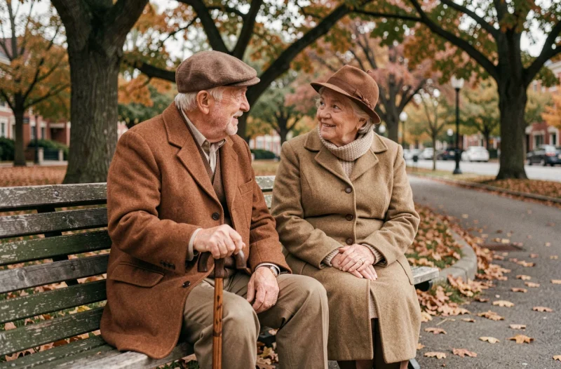Un homme et une femme âgés discutant assis sur un banc dans un parc en automne, symbole de rupture de l'isolement des seniors