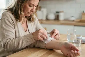 Femme soignant une plaie chirurgicale avec une compresse stérile à domicile pour prévenir la fibrine