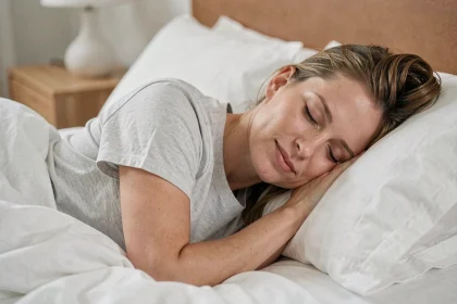 Femme de 35 ans dormant paisiblement dans une chambre minimaliste, illustrant l'importance du sommeil pour le contrôle du poids corporel