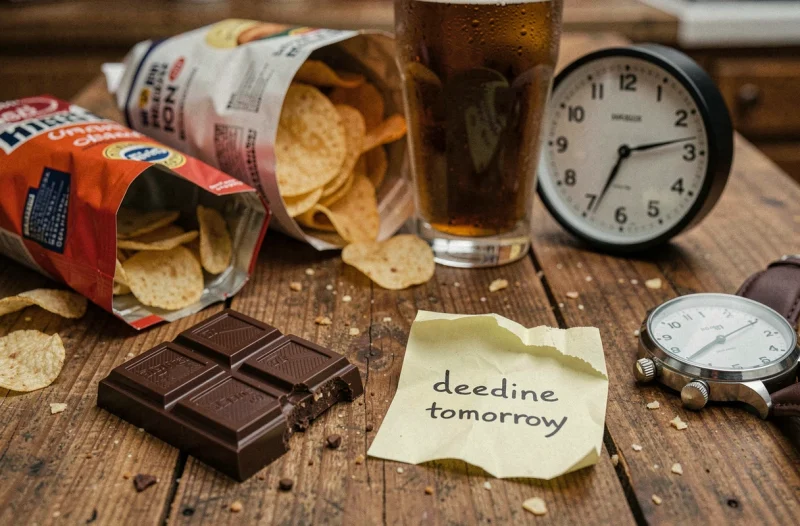 Grignotage nocturne et aliments réconfortants sur une table, illustration des effets du stress chronique sur l'alimentation et la prise de masse grasse