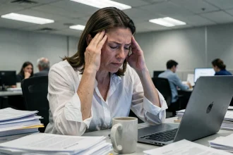 Femme stressée au bureau se tenant les tempes, illustrant l'impact du stress chronique sur la santé et le système immunitaire
