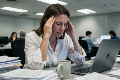 Femme stressée au bureau se tenant les tempes, illustrant l'impact du stress chronique sur la santé et le système immunitaire