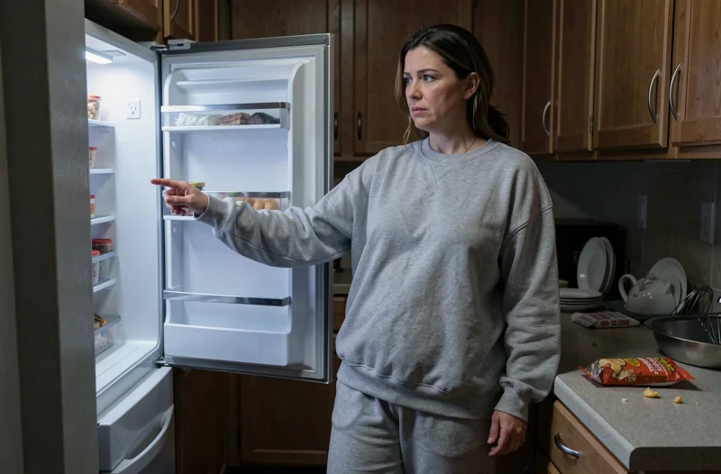 Femme en surpoids cherchant de la nourriture dans le réfrigérateur la nuit, comportement alimentaire lié au stress chronique