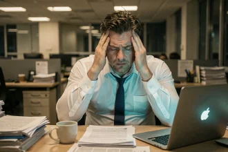 Homme stressé au bureau le soir, visage fatigué entre les mains, symbolisant le stress chronique et la prise de poids