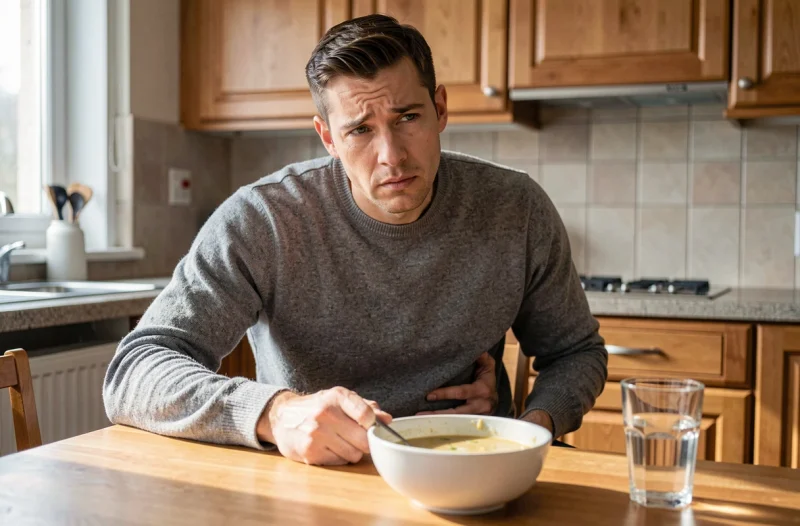 Jeune homme souffrant de douleurs digestives à la maison, signe précoce de la maladie de Crohn