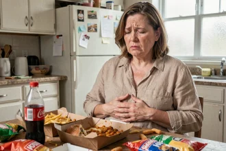 Femme souffrant de douleurs au foie à cause d'une alimentation malsaine riche en graisses et en sucres