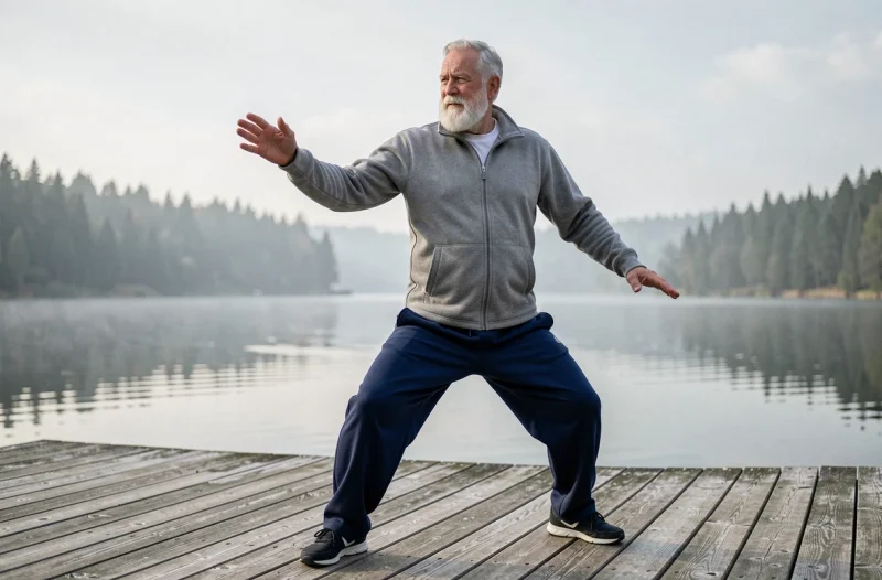 Homme senior pratiquant le tai chi sur une terrasse en bois au bord d'un lac pour préserver ses articulations après la retraite