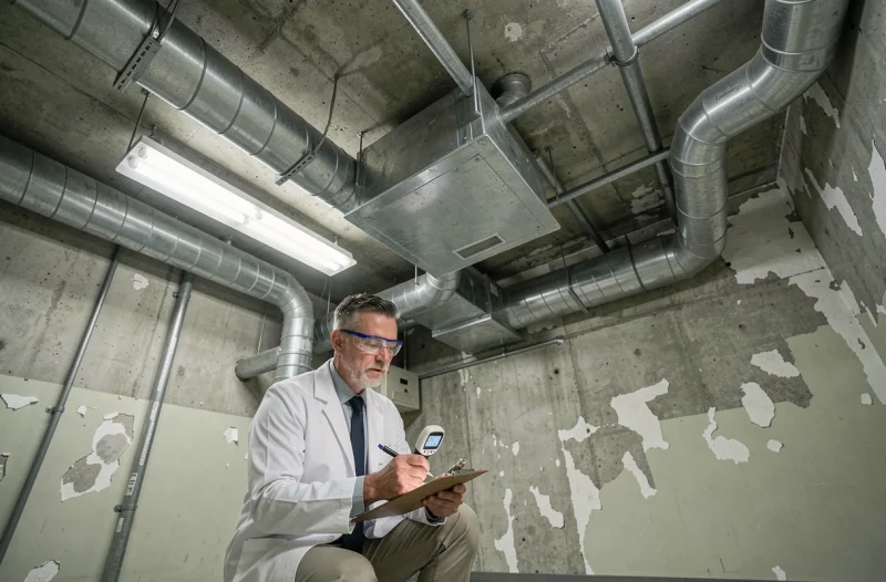 Technicien de maintenance vérifiant le système de ventilation dans une salle technique hospitalière