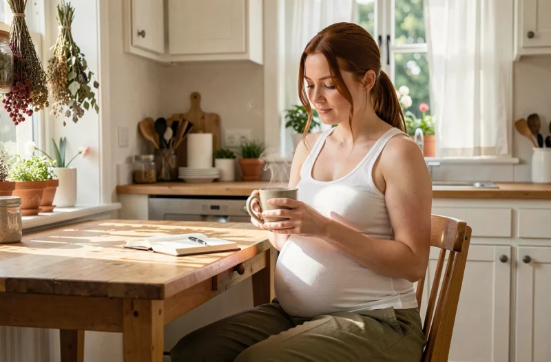 Femme enceinte buvant une tisane apaisante et écrivant dans un journal pour gérer le stress prénatal de manière naturelle