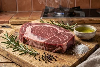 Viande rouge maigre de bœuf crue sur une planche de boucher en bois avec romarin et sel de mer