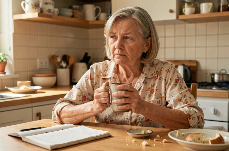 Femme âgée réfléchissant à son parcours avec la maladie de Ménière autour d'une tasse de café, illustrant la complexité de la guérison