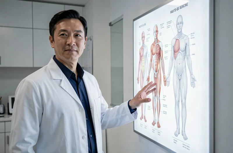 Le docteur Vincent Nguyen présentant un schéma anatomique dans son cabinet de chirurgie esthétique des Hauts-de-Seine