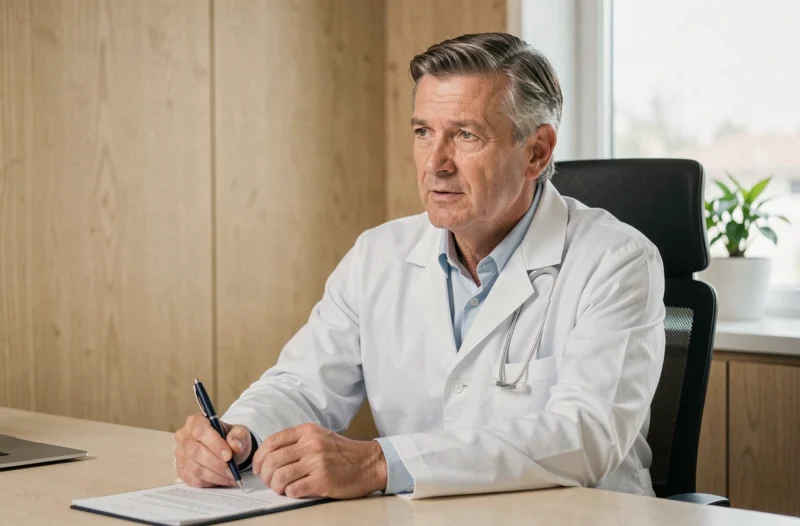Médecin chirurgien esthétique en écoute attentive lors d'une consultation dans un cabinet parisien épuré