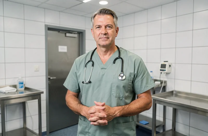Chirurgien esthétique en tenue de bloc opératoire dans une salle de préparation d'une clinique des Hauts-de-Seine