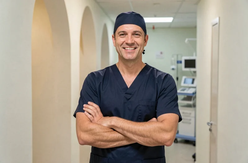 Chirurgien plasticien en couloir de clinique privée des Hauts-de-Seine avec une expression bienveillante et professionnelle