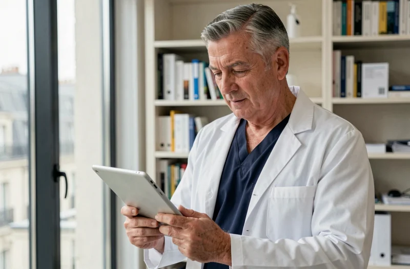 Chirurgien esthétique expérimenté consultant un dossier patient dans son cabinet médical moderne à Neuilly-sur-Seine