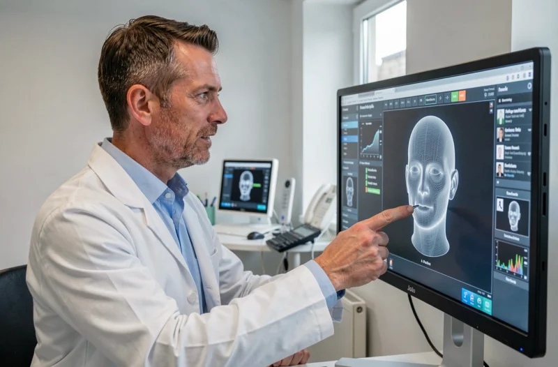 Chirurgien esthétique examinant une modélisation 3D du visage d'un patient dans un cabinet high-tech de la région parisienne