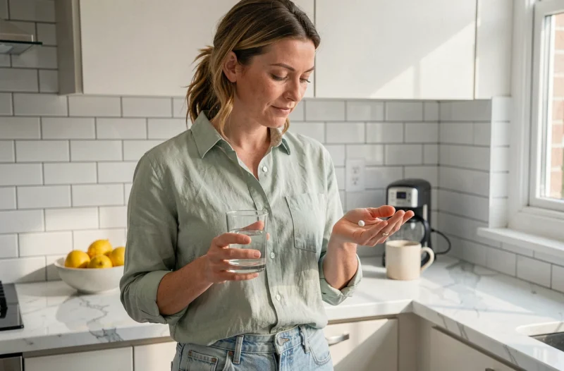 Femme prenant un complément alimentaire contre le stress dans une cuisine moderne, symbolisant la routine bien-être et la gestion du cortisol