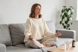 Femme en méditation sur un canapé en lin avec une bouteille de compléments alimentaires contre le stress sur la table basse