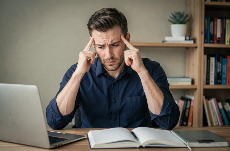 Homme stressé au bureau avec ordinateur portable et carnet, illustrant la gestion du cortisol et du stress quotidien