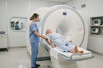 Manipulatrice en radiologie guidant un patient vers l'appareil IRM dans une salle d'imagerie médicale hospitalière