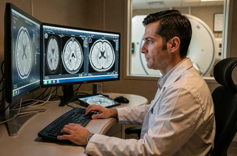 Radiologue analysant des images IRM cérébrales sur écrans dans la salle de contrôle d'un service d'imagerie médicale