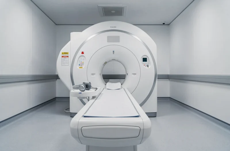 Salle d'IRM vide avec scanner à tunnel moderne dans un centre d'imagerie médicale, vue grand angle symétrique