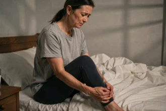 Femme de 45 ans massant son mollet la nuit en position assise sur son lit, illustrant les douleurs musculaires nocturnes liées à une perte de poids rapide