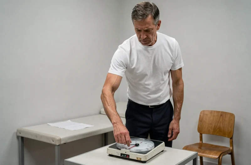 Homme de 50 ans à la silhouette amaigrie se pesant sur une balance dans un cabinet médical, illustrant une perte de poids rapide inexpliquée et ses conséquences physiques